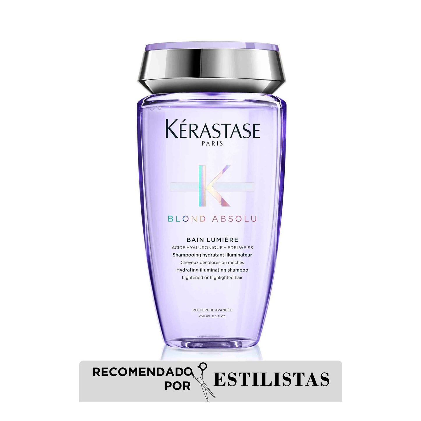 Shampoo Lumiere Blond Absolu de Kérastase contiene infusion de ácido hialurónico ideal para el cabello aclarado, decolorado o gris