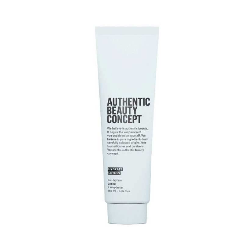 Authentic Beauty Concept Hydrate Lotion 150ml – Crema ligera hidratante y protectora vegana con extracto de mango y albahaca para cabello seco.