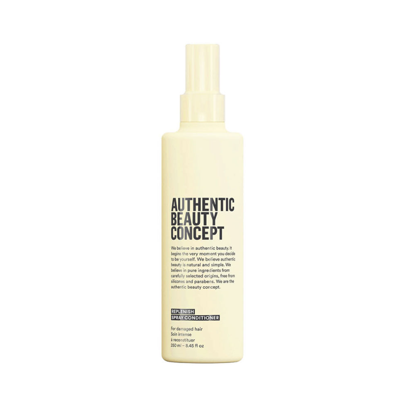 Authentic Beauty Concept Replenish Spray Conditioner 250ml – Spray acondicionador vegano desenredante y protector para cabello dañado con extracto de arce y nuez de pecán.