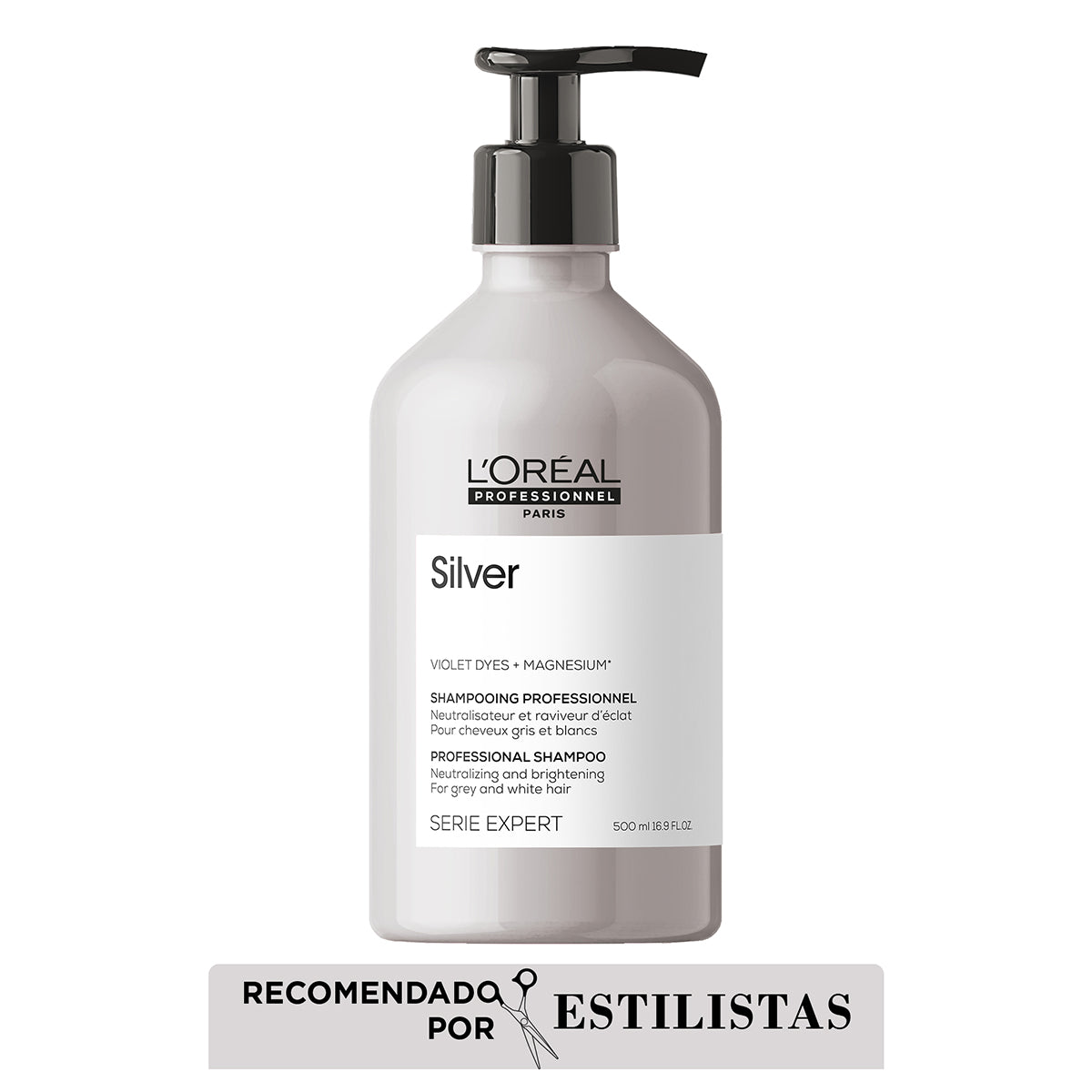 L’Oréal Professionnel Silver | Shampoo 500ml Neutralización de Reflejos Amarillos y Brillo para Cabello Gris o Rubio