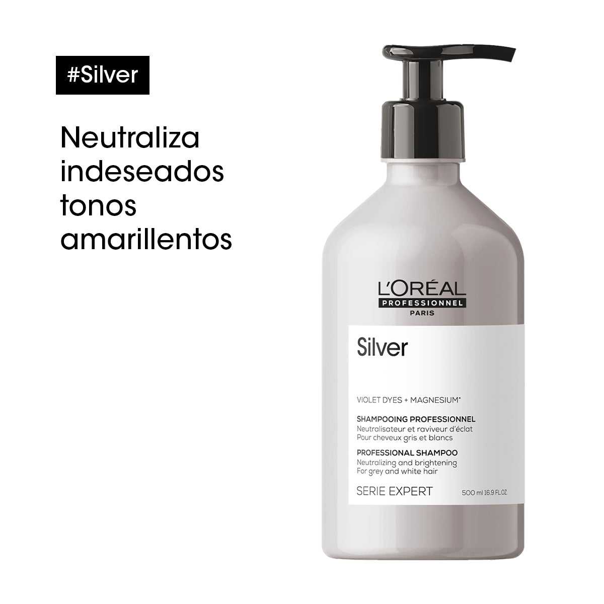 L’Oréal Professionnel Silver | Shampoo 500ml Neutralización de Reflejos Amarillos y Brillo para Cabello Gris o Rubio