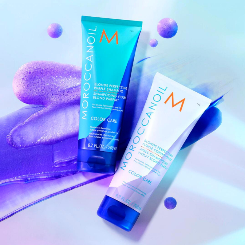 Moroccanoil Blonde Perfecting Purple Conditioner 200ml – Acondicionador violeta con aceite de argán para neutralizar tonos amarillos o cobrizos. Distribuidor autorizado Tatán Peluquería Colombia