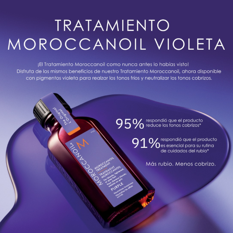 Moroccanoil Purple Treatment 50ml – Aceite capilar con pigmento violeta para neutralizar tonos cobrizos o amarillos. Distribuidor autorizado Tatán Peluquería Colombia