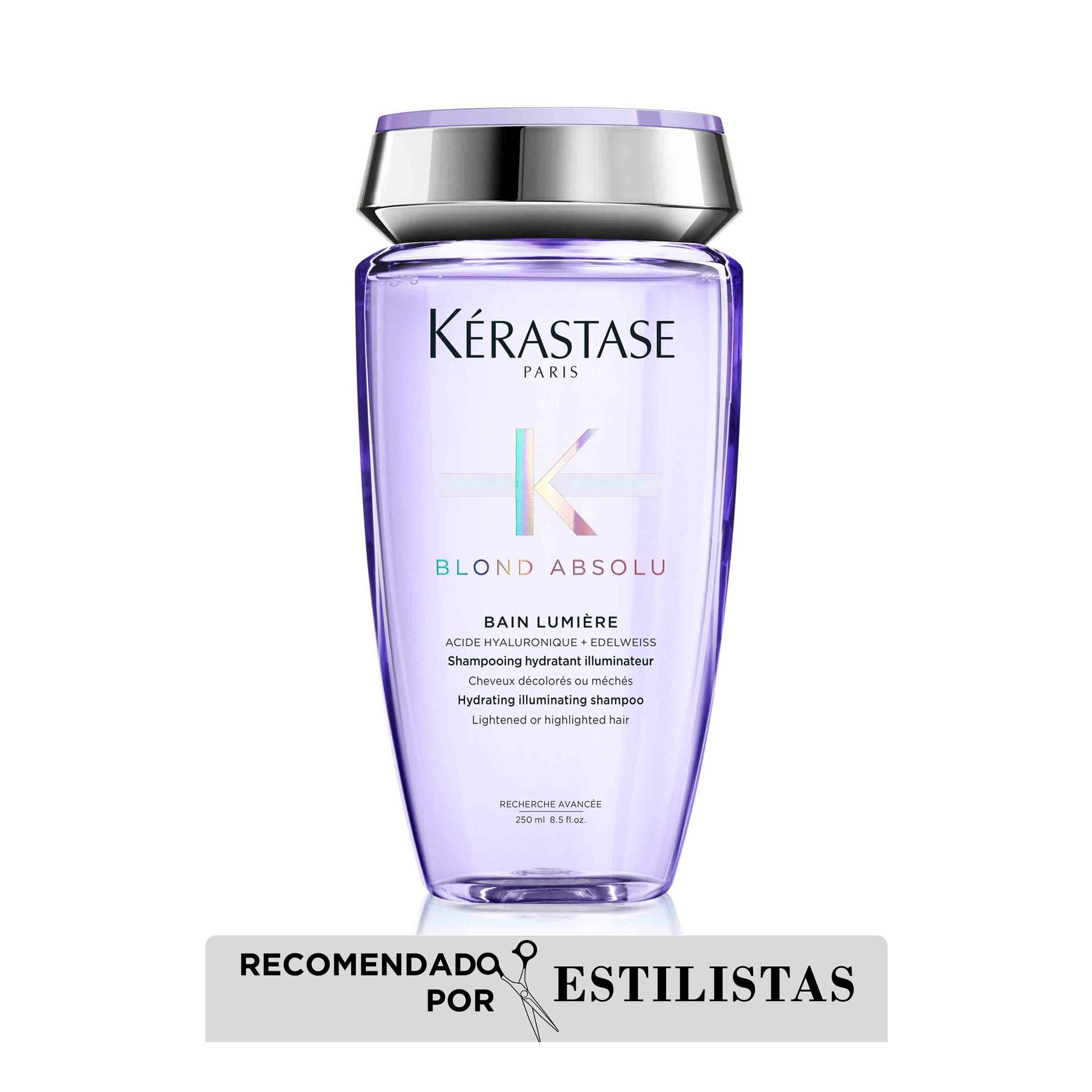 Shampoo Lumiere Blond Absolu de Kérastase contiene infusion de ácido hialurónico ideal para el cabello aclarado, decolorado o gris