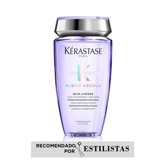 Shampoo Lumiere Blond Absolu de Kérastase contiene infusion de ácido hialurónico ideal para el cabello aclarado, decolorado o gris