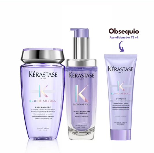 Rutina para el Cuidado de Rubios Fortalece, Nutre, Hidrata y Protege Blond Absolu Kérastase (Anti Frizz) – Acondicionador Cicaflash 75ml Obsequio