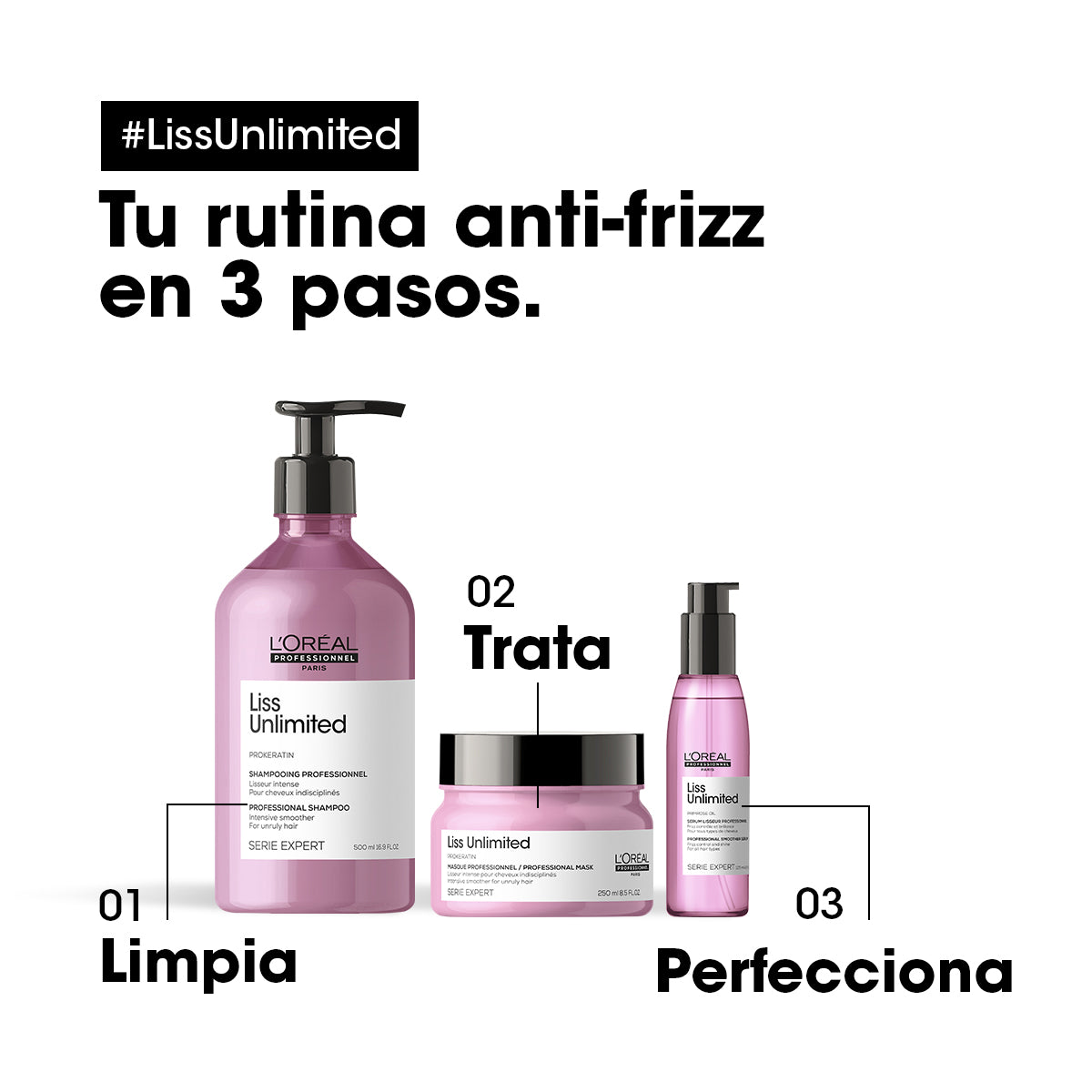 L’Oréal Professionnel Liss Unlimited Shampoo 500ml – Control antifrizz y suavidad de larga duración para cabello rebelde.