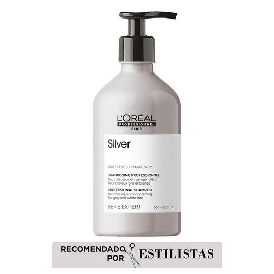 L’Oréal Professionnel Silver | Shampoo 500ml Neutralización de Reflejos Amarillos y Brillo para Cabello Gris o Rubio