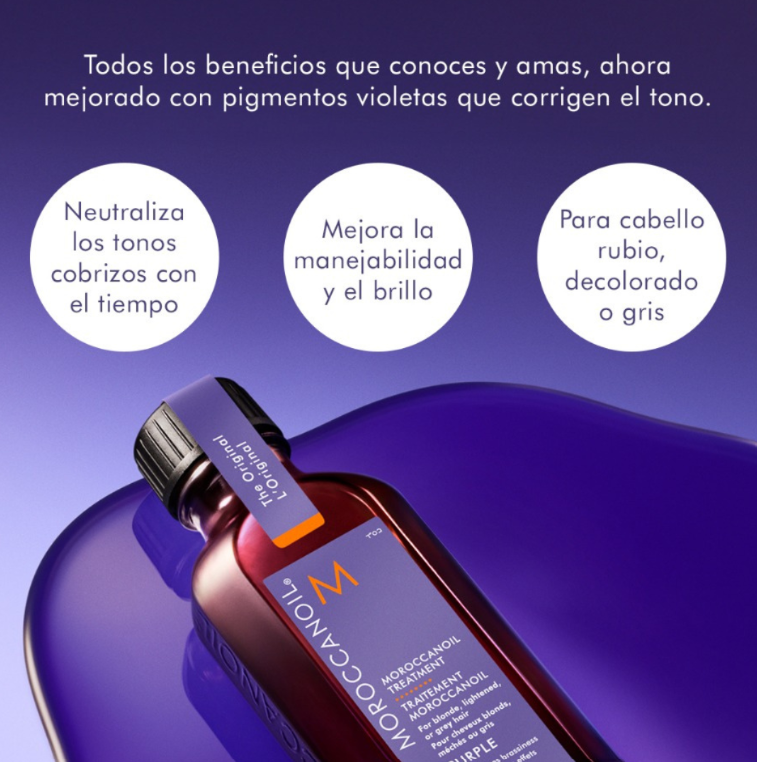 Moroccanoil Purple Treatment 50ml – Aceite capilar con pigmento violeta para neutralizar tonos cobrizos o amarillos. Distribuidor autorizado Tatán Peluquería Colombia